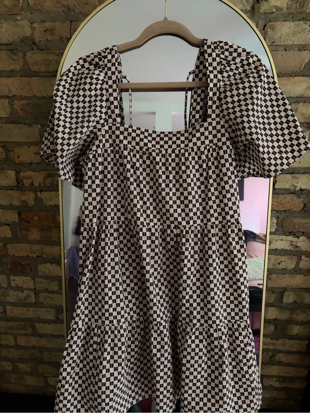 Abercrombie & Fitch Angel Sleeve Trapeze Mini Dress Brown Checkered Size Medium - Picture 6 of 7